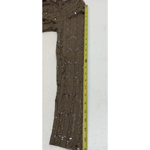 BKE Buckle Burnout Sequin Lace Top Shirt Womens L Taupe Y2K Sheer - Picture 7 of 11